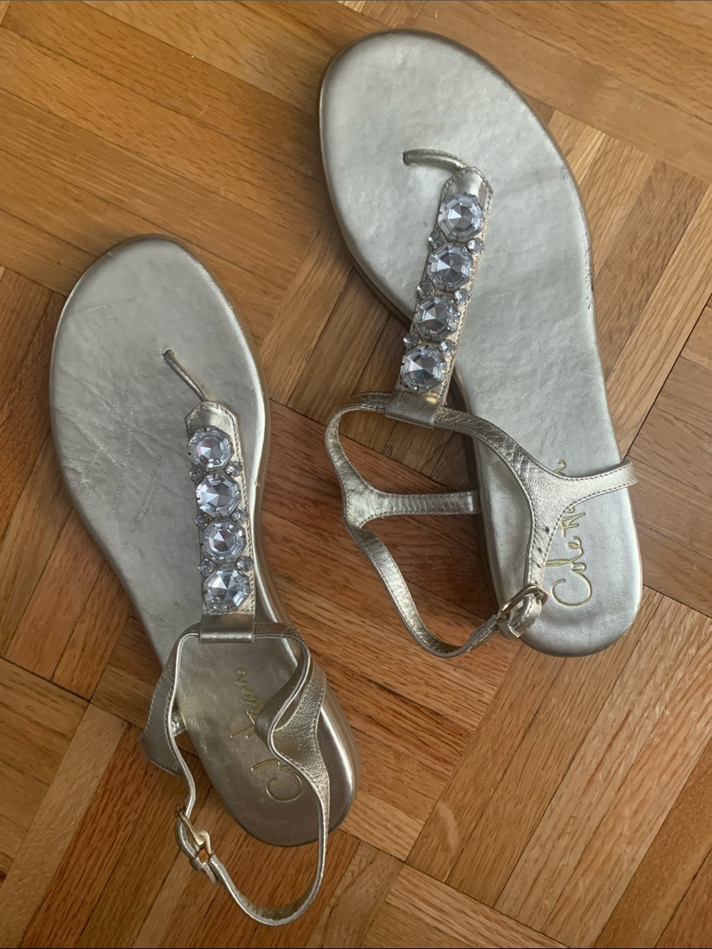 Cole Haan T-Strap Sandals EUC Metallic Gold Jeweled Women’s Size 7